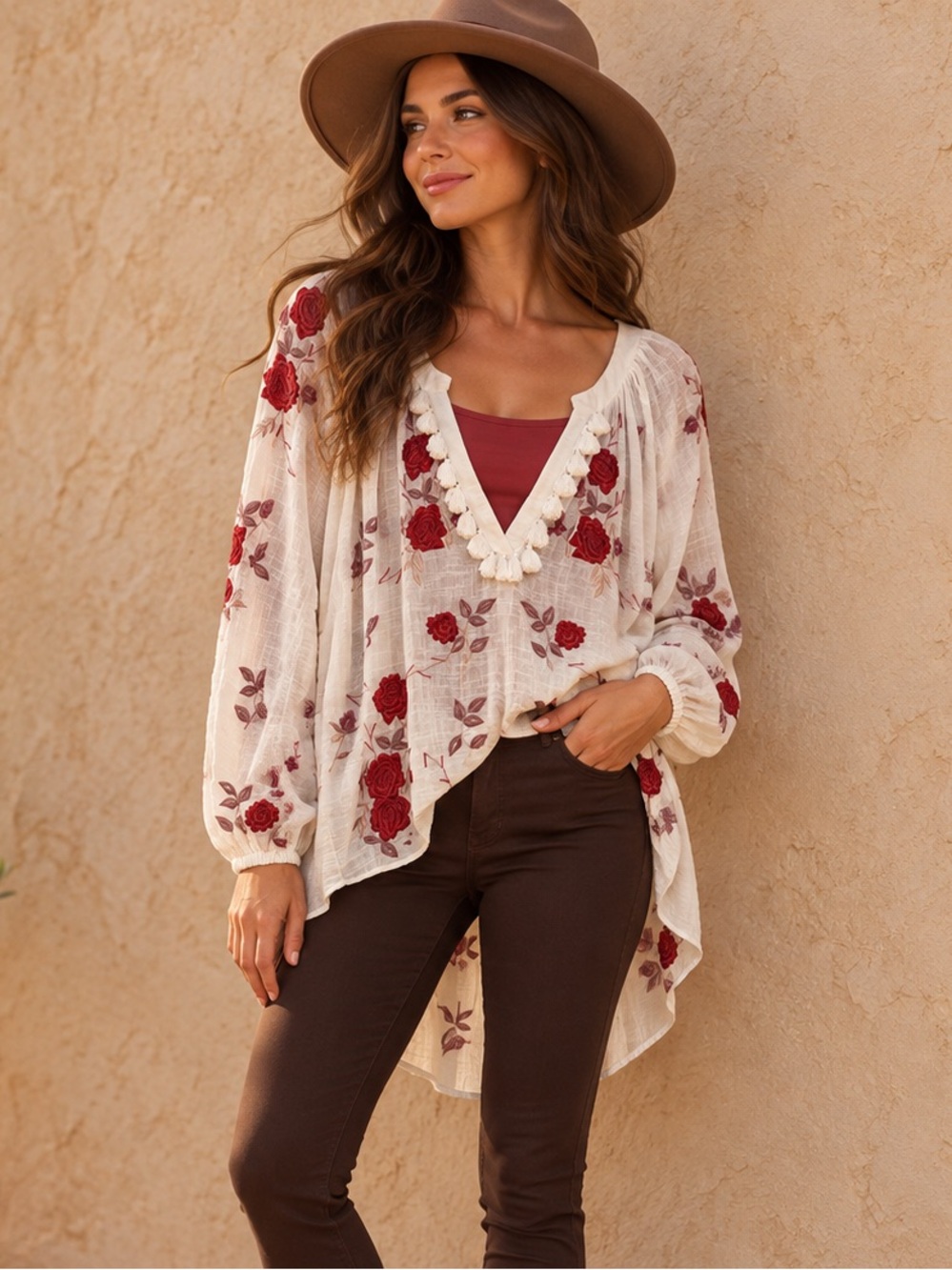 Florabella Red Rose Embroidered Boho High-Low Tunic Oversized XS 23”ptp